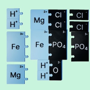 May include: A set of blue and black puzzle pieces with chemical formulas and charges. The pieces include H+, Fe3+, Mg2+, Cl-, PO43-, and O2-.