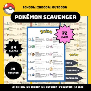 Juego de fiesta Pokémon/Pistas para interiores, exteriores y escolares/24 Pokémon con pistas escondidas/Actividades de búsqueda del tesoro para niños/Juego del duende