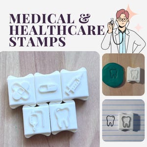 Set di timbri per medicina e assistenza sanitaria / Timbri per dottori e infermieri / Benda, pillola, flebo, dente, siringa / Timbri per argilla, diario, scrapbooking