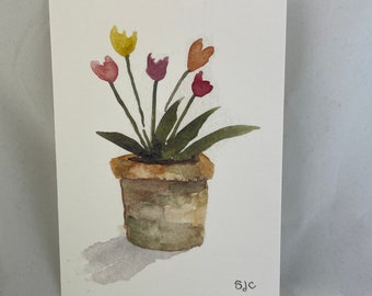 Colorful Watercolor Tulips in a Pot