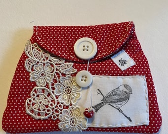 Red Polka Dot W/a Birdie,Bee and Lace Pouch,Handmade