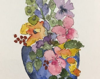 Watercolor, Blue Pot of Posies