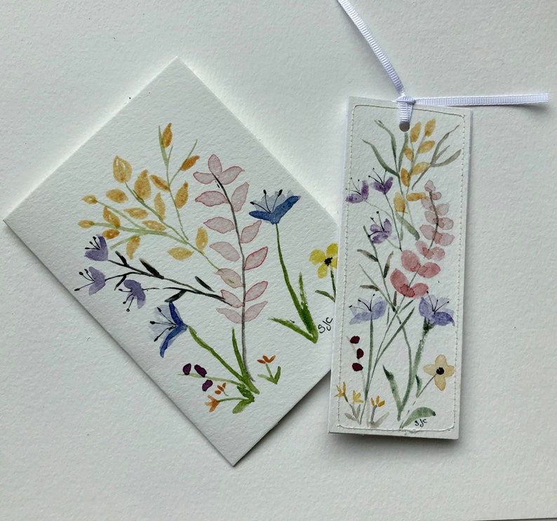 Note Card Bookmark Watercolor Note Card and Bookmark Set, Mixed Flowers - Etsy