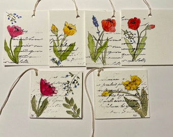 Hand Painted Watercolor Gift Tags ,Flat and Folded Floral Tags