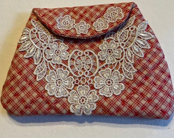 Quilted Plaid w/ Vintage Lace Pouch, Handmade