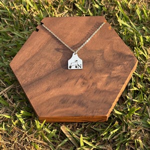 May include: A silver necklace with a tag pendant featuring a cow illustration and the letter "N". The pendant hangs on a delicate chain and rests on a wooden, hexagonal display stand, set against a backdrop of green grass.
