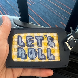 Let’s Roll Needlepoint Canvas – Retro Luggage Tag, 13 Mesh, Hand Painted, Stitch Painted, Custom Colors, 3.3x2 Inches