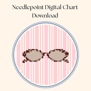 Könnte beinhalten: Ein digitaler Kreuzstich-Chart-Download mit einem pixeligen Bild einer Sonnenbrille. Die Sonnenbrille ist hellbraun und vor einem rosa-weiß gestreiften Hintergrund in einem blau umrandeten Kreis platziert. Der Text "Needlepoint Digital Chart Download" steht oben.
