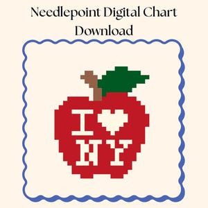 Pode incluir: Download de gráfico digital de ponto de cruz. Apresenta uma maçã vermelha pixelizada com uma folha verde e um caule marrom. A maçã tem um coração branco e as letras "I NY" em branco, emolduradas por uma borda azul ondulada.