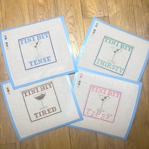 Tini Bit Needlepoint Canvas Bundle – Set of 4 Hand-Painted & Stitch-Painted Canvases on 13 Mesh | Martini Series | 4x4” Designs
