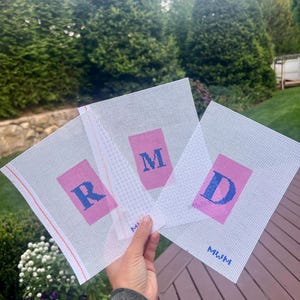 May include: Three white needlepoint canvases are held up, each featuring a different letter: R, M, and D. The letters are in blue, set against a pink background. The canvases are held in front of a green background.