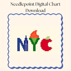 Könnte beinhalten: Digitaler Kreuzstich-Chart-Download mit einem pixeligen NYC-Design. Das Design umfasst die Buchstaben "NYC", eine Fackel und einen roten Apfel. Das Bild ist mit einem blauen Wellenrand umrahmt und enthält den Text "Needlepoint Digital Chart Download".