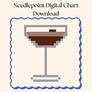 May include: A digital needlepoint chart download featuring a pixelated cocktail glass. The glass is filled with a dark brown liquid and has a gray stem and base. The image is framed by a blue wavy border and includes the text "Needlepoint Digital Chart Download."