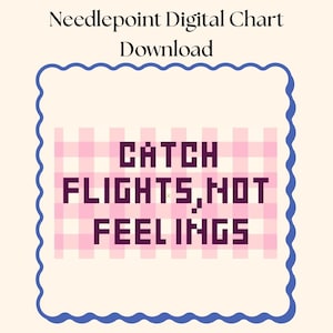May include: Digital needlepoint chart download with the text "CATCH FLIGHTS, NOT FEELINGS" in a pixelated font. The text is set against a pink and white gingham pattern, framed by a blue wavy border.