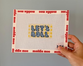 Etiqueta de equipaje retro en lienzo bordado: Cuadros vichy pintados a mano, 'Let's Roll'