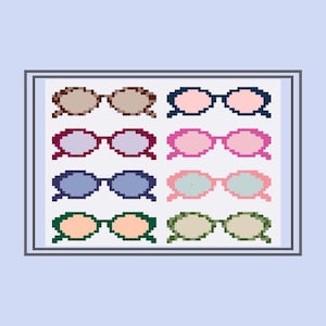 Digital Needlepoint Chart – Tortoiseshell Sunglasses on Pink & Cream Stripes – 4” Round, 13 Mesh with DMC Color Guide, Summer Download