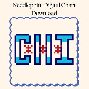 May include: Digital needlepoint chart download with the word "CHI" in a pixelated design. The letters are blue with white and light blue stripes, and red cross-stitch details. The design is framed by a wavy blue border.