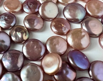 AAA+ gem quality 12-14mm Coin Freshwater Pearl, smooth nacre luster Natural metallic pink peach purple pearl, 2pc Genuine coin pearl, KC3045