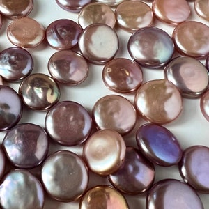 AAA+ gem quality 12-14mm Coin Freshwater Pearl, smooth nacre luster Natural metallic pink peach purple pearl, 2pc Genuine coin pearl, KC3045