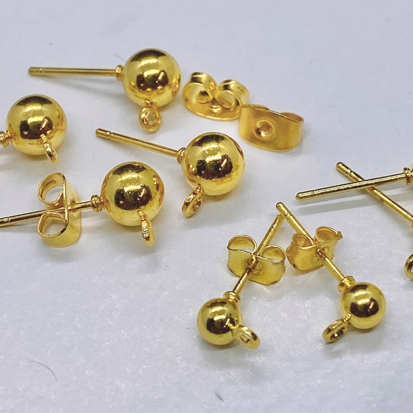 20pc 14k Gold Plated Ball Post Earring, 3mm 4mm 5mm 6mm Ball Stud Earring With Loop + Backs, DIY Earring,  Earring Findings, Wholesale F9122