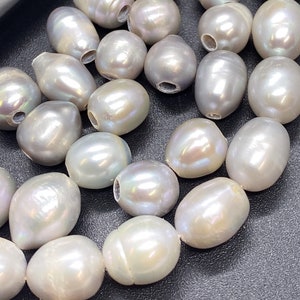 9mmX10-12mm Large hole 2.2mm 3mm Baroque rice Freshwater Pearls, Platinum Silver Grey oval pearl beads loose pearl wholesale #LH8063
