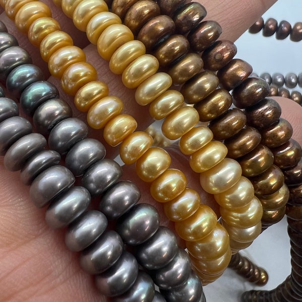 AAA 3.5X6.5mm Roundel button pearl, 15" full strand Freshwater Pearl spacer, 110+ grey golden yellow brown pearl beads, wholesale #CB6066