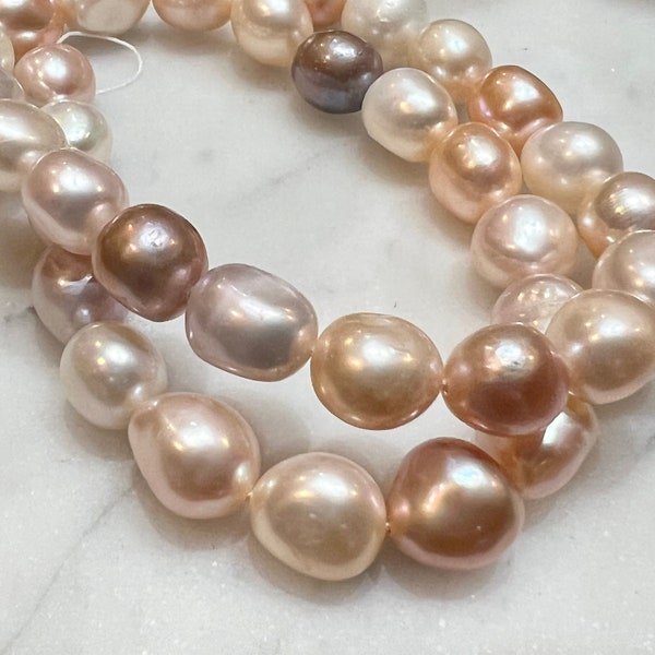 AA+ 9mmX10-12mm Baroque Freshwater Pearl, Luster Multi Natural color, White Champagne Pink metallic, 15" Full Strand--- NEW Arrival Sale