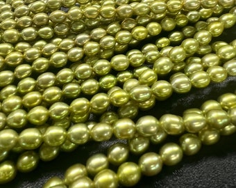 AAA+ gem quality 5mmX6mm Rice Oval Pearl, 16" full strand Stunning olive green Freshwater pearl 65+ pc loose pearl beads #DR3206 New SALE