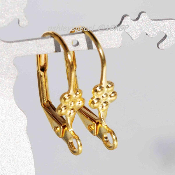 18k yellow Gold plated over Brass Copper Lever Back Earring Wire with Fower  Adornment and Loop - Nickel Free - 10 Pc -F9116