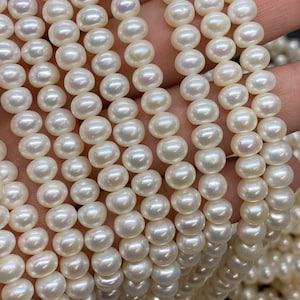 AAA 5.5X6.5mm Button Round Freshwater Pearl roundel Potato Pearl stunning luster Natural White ivory genuine pearl 15'' Full Strand RS3011A