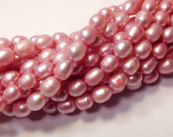 AA 6-7mmX 7-9mm Rice Pearl Oval Pearl Freshwater Pearl bubble gum pink pearl beads, barbe pink pearl----15" full strand 45pc #DR3012