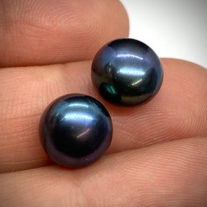 AAAA gem quality 9.5-10mm Tahiti Peacock blue color half drilled perfect round thick button matched earring pairs freshwater pearl New SALE