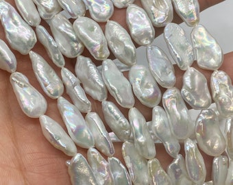 AAA 15mmX 7-8mm Keshi Biwa Freshwater pearl  Large 15" full strand  White platinum shinning pearl stick beads #KC5029 New arrival Sale