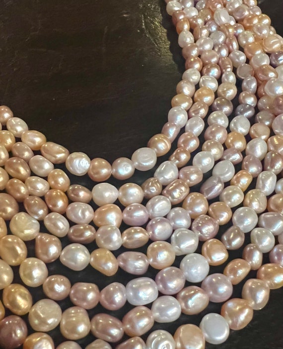 AA 6-7mmX8mm Multi Color Baroque Freshwater Pearl nugget pearl beads, mix Nature White Champagne Pink, 15" Full Strand, #BA4106M