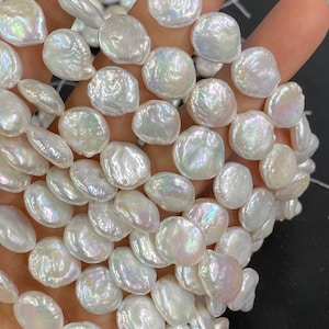 Luster AA 12-13mm Coin Pearl Genuine cultured Freshwater pearl Ivory White -15&quot; 30+ pcs full strand--NEW Back Jewelry design Bridal KC3030