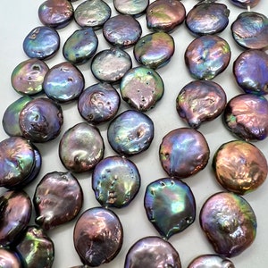 A ~ AA Große 16-17 mm Münzperle, 15 "voller Strang 22 Stück oder 6 Stück kurzer Strang, Regenbogen Pfau blau metallic Ton Echte Münzperle, KC3038