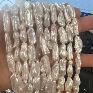 Perla de agua dulce Keshi Biwa AAA de 15 mm x 8 mm. Gran tira completa de 15&quot; de cuentas de perla brillante platino blanco #KC5029