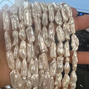 AAA 15mmX 8mm Keshi Biwa Freshwater pearl  Large 15" full strand  White platinum shinning pearl stick beads #KC5029