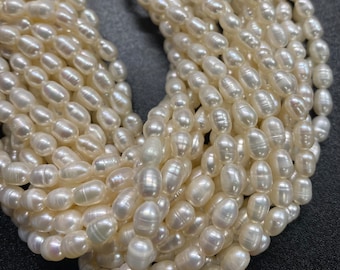 NEW SALE AA 5-6mm X 7mm ivory white Baroque oval Freshwater pearl,  14” full strand genuine pebble nugget pearl,  rice pearl beads #BA4105A