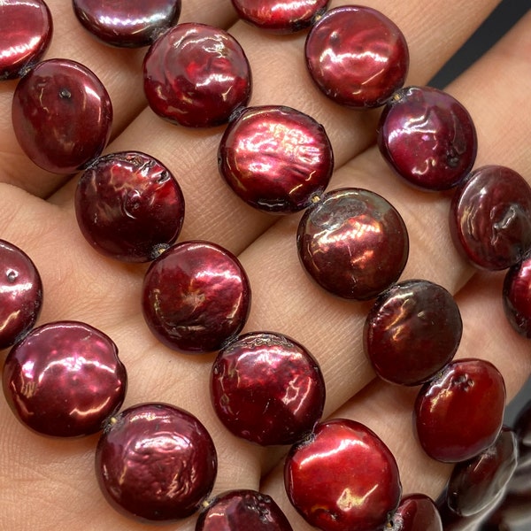 AA+ 10-11mm Coin Pearl, half strand high quality Burgundy red petite coin Freshwater pearl high luster, NEW Sale #KC3012