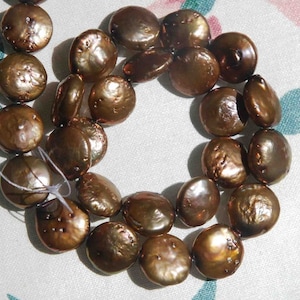Freshwater Pearl 12-13mm Chocolate Brown Genuine Coin Pearl full strand 15&quot;-------promotion sale Reduced