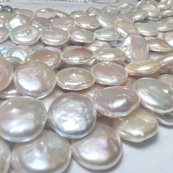 AAA High quality 13-15mm large Coin Pearl, Genuine cultured Freshwater pearl, natural White luster pearl full strand 15" 28+ pcs #K3031A