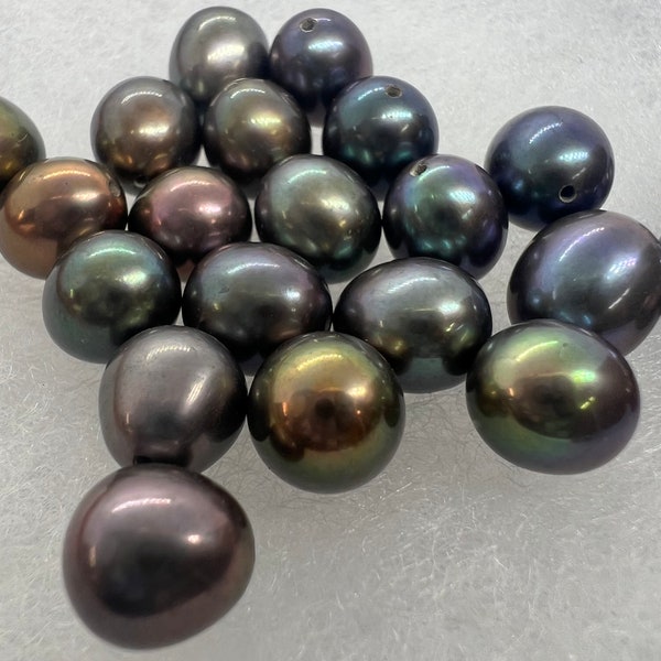 8.5X9.5mm half drilled, AAA+ top Gem quality perfect tear drop pair, Peacock black Tahiti color genuine pearl, Matched pair pearl, New
