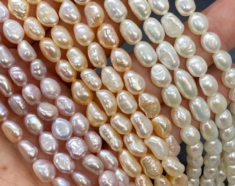 AA 5mm X 7mm natural color Baroque Freshwater pearl 15" full strand Ivory white, champagne lavender nugget pearl rice pearl beads #BA4105A