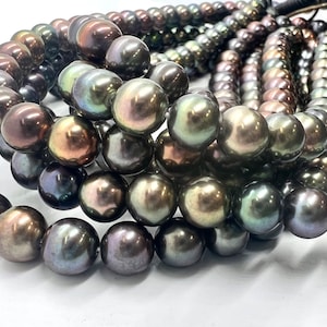 AAA+ Top quality 7-8mm Rare metallic Rainbow Peacock Round Freshwater Pearl, Genuine Tahiti Peacock blue Cultured Pearl 15&quot; Strand #RS2107A