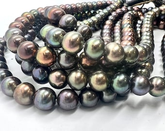 AAA+ Top quality 7-8mm Rare metallic Rainbow Peacock Round Freshwater Pearl, Genuine Tahiti Peacock blue Cultured Pearl 15" Strand #RS2107A