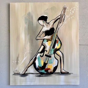 Double Bass Woman player Original Art, Upright Bass Painting, Double Bass Painting, Jazz Wall Art, Contrabass Player Canvas Art, Abstract