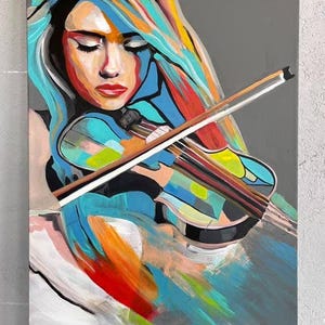 Violinist Canvas Wall Art, Colorful Woman Playing Violin, Abstract Music Art, Musician Portrait, Modern Music Decor, Printed On Canvas