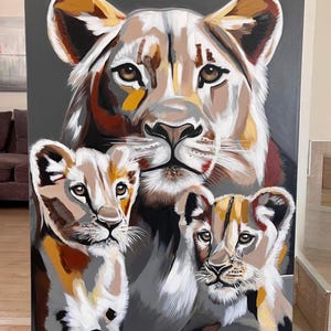 Lion Family Canvas Art, Lioness With Cubs Painting Print On Canvas, Wildlife Animal Wall Art, Safari Decor, Lion Portrait, Mother and Cubs