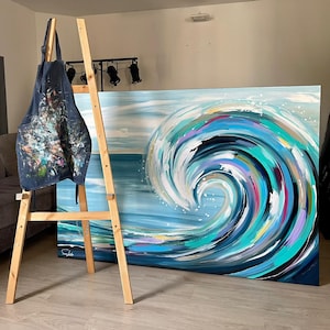 Ocean Wave Original Painting, Blue Ocean Painting On Canvas, Colorful Abstract Wave Wall Art, Modern Beach House Decor, Large Canvas Decor